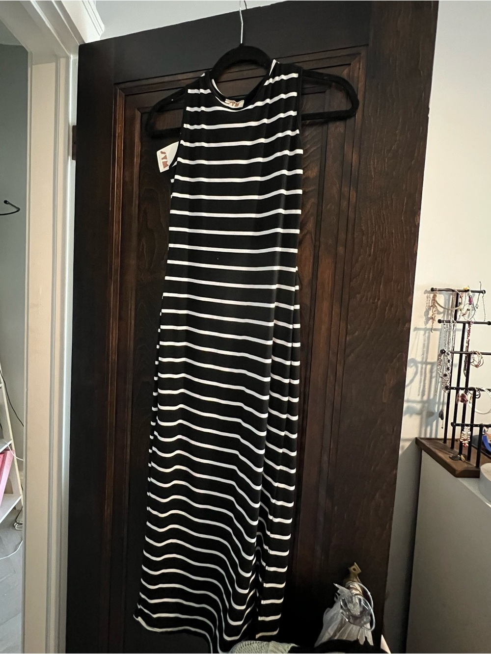 See You Monday Black and White Striped Sleeveless Maxi Dress